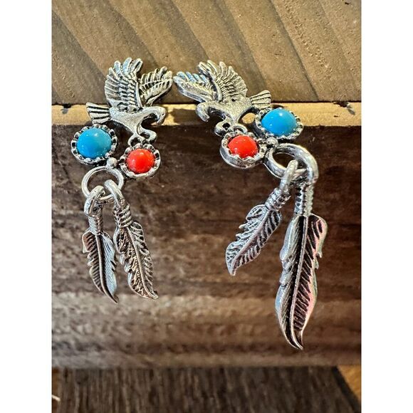 Boho Hippie Vintage Native American Thunderbird & Feather Stud Earrings, Turquo - Picture 1 of 8
